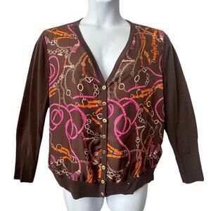 Talbots Equestrian Scarf Print Silk Twill and Merino Wool Cardigan Size XXL